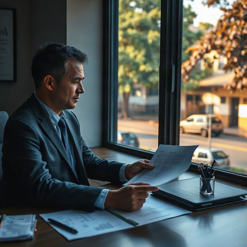 Agent reviewing property documents at a desk with a Nairobi street view